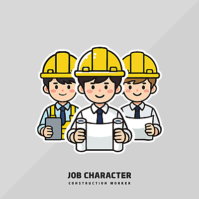 전신 남자 건축 일러스트 노동자 건설업 직업캐릭터 공사 성인 세명 태블릿 노란색 설계도 기술자 안전모 성인남자만 건설근로자 일러캐릭터 AI파일 직업 캐릭터 산업 컬러 사람 전자제품 스마트기기 헬멧 안전장비 남자만 성인만 파일형식 벡터