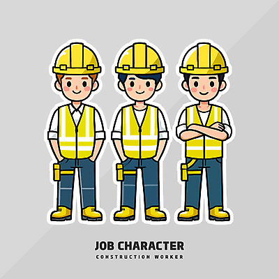 전신 남자 건축 일러스트 노동자 건설업 직업캐릭터 작업복 공사 성인 세명 노란색 팔짱 기술자 안전모 주머니손 안전조끼 성인남자만 건설근로자 일러캐릭터 AI파일 직업 캐릭터 옷 산업 컬러 모션 사람 헬멧 안전장비 남자만 성인만 파일형식 벡터