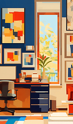 JPG 화분 화초 액자 의자 일러스트 창문 사람없음 인테리어 컴퓨터 사무실 방 화려 책상 서랍장 기하학 국내일러스트 AI일러스트 AI콘텐츠 식물 디자인 가구 컨셉 무늬 비즈니스 전자제품 파일형식