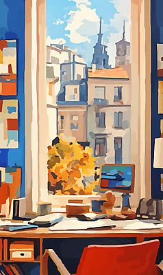 JPG 나무 액자 의자 일러스트 창문 주택 빌딩 사람없음 인테리어 사무실 방 도시 화려 책상 기하학 국내일러스트 AI일러스트 AI콘텐츠 식물 디자인 가구 컨셉 무늬 비즈니스 건물 파일형식