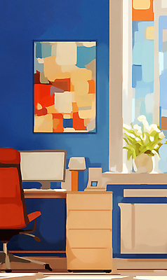 JPG 화분 액자 의자 일러스트 창문 사람없음 인테리어 사무실 모니터 방 화려 산호초 책상 기하학 국내일러스트 AI일러스트 AI콘텐츠 디자인 가구 컨셉 무늬 비즈니스 컴퓨터 수중식물 파일형식