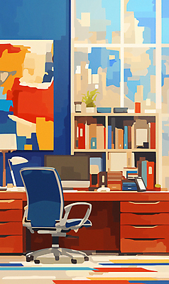 JPG 액자 의자 일러스트 창문 책장 사람없음 인테리어 사무실 모니터 방 스탠드 화려 책상 기하학 국내일러스트 AI일러스트 AI콘텐츠 디자인 가구 컨셉 무늬 비즈니스 조명 컴퓨터 파일형식