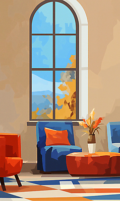 JPG 꽃 화분 쿠션 일러스트 창문 탁자 사람없음 인테리어 소파 방 화려 기하학 베이지색 국내일러스트 AI일러스트 AI콘텐츠 식물 디자인 컬러 가구 컨셉 무늬 의자 파일형식