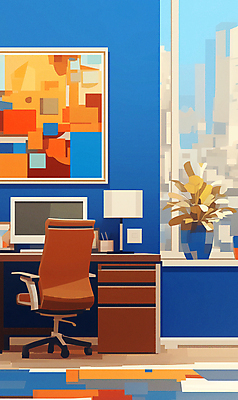 JPG 화분 화초 액자 의자 일러스트 창문 사람없음 인테리어 컴퓨터 사무실 방 스탠드 화려 책상 서랍장 기하학 국내일러스트 AI일러스트 AI콘텐츠 식물 디자인 가구 컨셉 무늬 비즈니스 조명 전자제품 파일형식