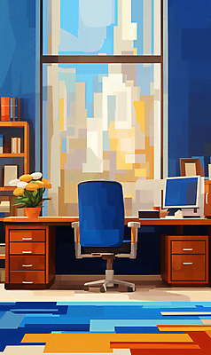 JPG 화분 화초 의자 일러스트 창문 책장 빌딩 사람없음 인테리어 컴퓨터 사무실 방 도시 화려 책상 서랍장 기하학 국내일러스트 AI일러스트 AI콘텐츠 식물 디자인 가구 컨셉 무늬 비즈니스 건물 전자제품 파일형식