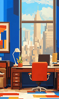 JPG 화분 화초 액자 의자 일러스트 창문 빌딩 사람없음 인테리어 컴퓨터 사무실 방 스탠드 도시 화려 책상 서랍장 기하학 국내일러스트 AI일러스트 AI콘텐츠 식물 디자인 가구 컨셉 무늬 비즈니스 조명 건물 전자제품 파일형식