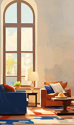 JPG 화분 화초 쿠션 일러스트 창문 탁자 사람없음 인테리어 소파 카펫 방 스탠드 화려 기하학 베이지색 국내일러스트 AI일러스트 AI콘텐츠 식물 디자인 컬러 가구 컨셉 무늬 의자 조명 파일형식