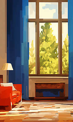 JPG 나무 쿠션 일러스트 창문 탁자 사람없음 인테리어 소파 방 스탠드 커튼 화려 기하학 국내일러스트 AI일러스트 AI콘텐츠 식물 디자인 가구 컨셉 무늬 의자 조명 파일형식