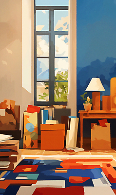 JPG 일러스트 창문 탁자 사람없음 책 인테리어 상자 카펫 방 스탠드 화려 기하학 국내일러스트 AI일러스트 AI콘텐츠 디자인 가구 컨셉 무늬 조명 파일형식