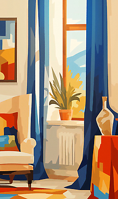 JPG 화분 화초 액자 쿠션 일러스트 창문 탁자 사람없음 인테리어 소파 카펫 방 커튼 화려 기하학 국내일러스트 AI일러스트 AI콘텐츠 식물 디자인 가구 컨셉 무늬 의자 파일형식