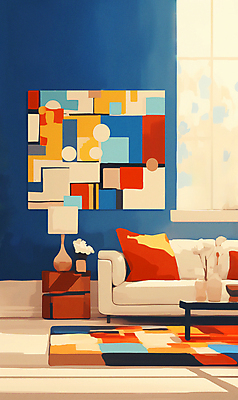 JPG 화분 액자 쿠션 일러스트 창문 탁자 사람없음 인테리어 소파 카펫 방 화려 기하학 국내일러스트 AI일러스트 AI콘텐츠 디자인 가구 컨셉 무늬 의자 파일형식