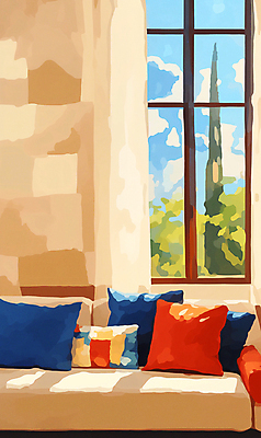 JPG 쿠션 일러스트 창문 사람없음 인테리어 소파 방 화려 기하학 베이지색 국내일러스트 AI일러스트 AI콘텐츠 디자인 컬러 컨셉 무늬 의자 파일형식