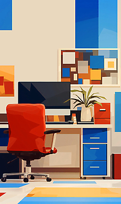 JPG 나무 화분 화초 액자 의자 일러스트 사람없음 인테리어 사무실 모니터 방 화려 책상 서랍장 기하학 국내일러스트 AI일러스트 AI콘텐츠 식물 디자인 가구 컨셉 무늬 비즈니스 컴퓨터 파일형식