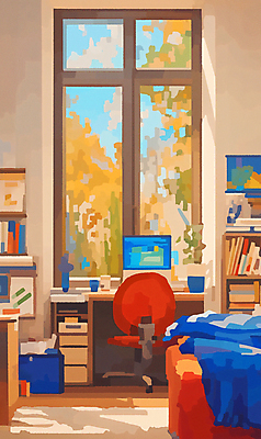 JPG 의자 일러스트 책장 사람없음 인테리어 컴퓨터 방 침대 화려 책상 기하학 베이지색 국내일러스트 AI일러스트 AI콘텐츠 디자인 컬러 가구 컨셉 무늬 전자제품 파일형식