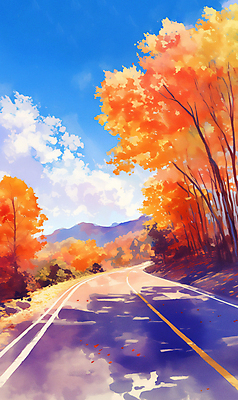 JPG 구름 낙엽 일러스트 하늘 단풍나무 휴가 산 풍경 사람없음 가을풍경 주황색 드라이브 차도 고속도로 분위기 가을여행 귀성길 국내일러스트 AI일러스트 AI콘텐츠 자연요소 나무 도로 컬러 여행 컨셉 단풍 잎 운전 파일형식 가을_계절