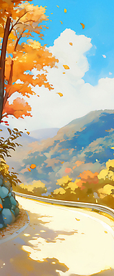 JPG 구름 낙엽 일러스트 하늘 단풍나무 휴가 산 풍경 사람없음 가을풍경 주황색 드라이브 차도 고속도로 분위기 가을여행 귀성길 국내일러스트 AI일러스트 AI콘텐츠 자연요소 나무 도로 컬러 여행 컨셉 단풍 잎 운전 파일형식 가을_계절