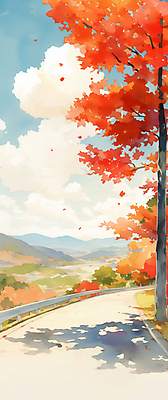 JPG 구름 낙엽 일러스트 하늘 단풍나무 휴가 산 풍경 사람없음 빨간색 가을풍경 드라이브 차도 고속도로 분위기 가을여행 귀성길 국내일러스트 AI일러스트 AI콘텐츠 자연요소 나무 도로 컬러 여행 컨셉 단풍 잎 운전 파일형식 가을_계절