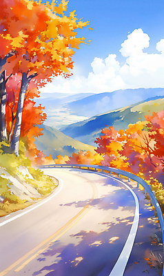 JPG 구름 낙엽 일러스트 하늘 단풍나무 휴가 산 풍경 사람없음 빨간색 가을풍경 드라이브 차도 고속도로 분위기 가을여행 귀성길 국내일러스트 AI일러스트 AI콘텐츠 자연요소 나무 도로 컬러 여행 컨셉 단풍 잎 운전 파일형식 가을_계절