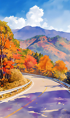 JPG 구름 낙엽 일러스트 하늘 단풍나무 휴가 산 풍경 사람없음 빨간색 가을풍경 드라이브 차도 고속도로 분위기 가을여행 귀성길 국내일러스트 AI일러스트 AI콘텐츠 자연요소 나무 도로 컬러 여행 컨셉 단풍 잎 운전 파일형식 가을_계절