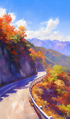 JPG 구름 낙엽 일러스트 하늘 단풍나무 휴가 산 풍경 사람없음 빨간색 가을풍경 드라이브 차도 고속도로 분위기 가을여행 귀성길 국내일러스트 AI일러스트 AI콘텐츠 자연요소 나무 도로 컬러 여행 컨셉 단풍 잎 운전 파일형식 가을_계절