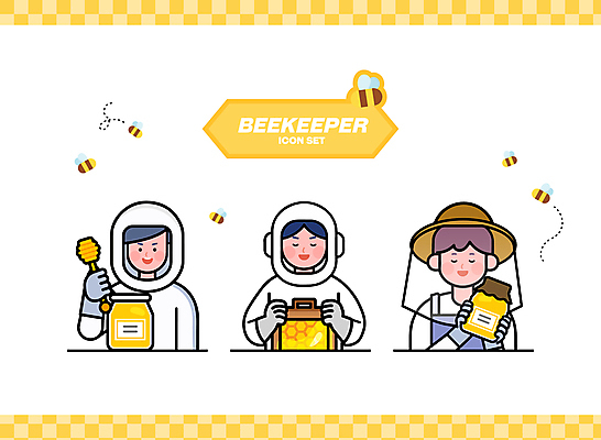캐릭터 모자 남자 인물캐릭터 일러스트 들기 성인 세명 노란색 달콤 벌 꿀 벌집 꿀단지 양봉 양봉장 허니디퍼 성인남자만 일러캐릭터 AI파일 잡화 컬러 곤충 모션 사람 도구 맛 남자만 성인만 파일형식 벡터