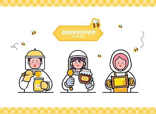 캐릭터 여자 남자 인물캐릭터 일러스트 들기 성인 세명 노란색 달콤 벌 꿀 벌집 꿀단지 양봉 양봉장 허니디퍼 성인만 일러캐릭터 AI파일 컬러 곤충 모션 사람 도구 맛 파일형식 벡터