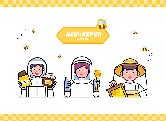 캐릭터 남자 인물캐릭터 일러스트 들기 성인 세명 노란색 최고 달콤 벌 꿀 벌집 꿀단지 양봉 양봉장 허니디퍼 성인남자만 일러캐릭터 AI파일 컬러 곤충 모션 사람 도구 맛 남자만 성인만 파일형식 벡터