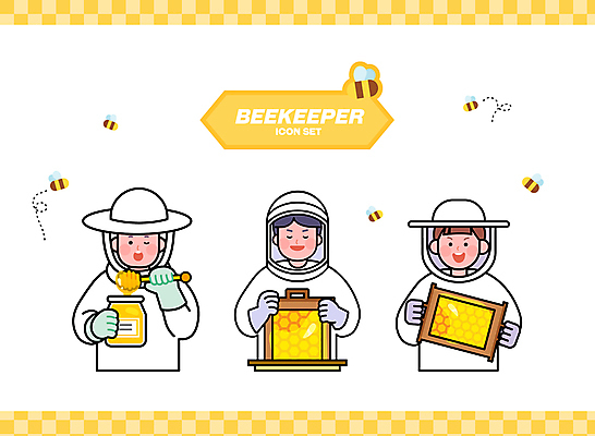 캐릭터 남자 인물캐릭터 일러스트 들기 성인 세명 노란색 달콤 벌 꿀 벌집 꿀단지 양봉 양봉장 허니디퍼 성인남자만 일러캐릭터 AI파일 컬러 곤충 모션 사람 도구 맛 남자만 성인만 파일형식 벡터