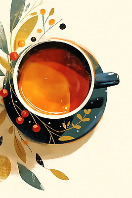 JPG 열매 커피 음료 잎 일러스트 티타임 사람없음 컵 갈색 차 찻잔 컵받침 국내일러스트 AI일러스트 AI콘텐츠 식물 식기 컬러 휴식 잔 받침대 파일형식