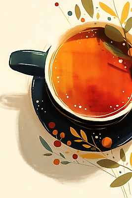 JPG 열매 커피 음료 잎 일러스트 티타임 사람없음 컵 갈색 카페 차 찻잔 컵받침 국내일러스트 AI일러스트 AI콘텐츠 식물 식기 컬러 휴식 잔 상점 받침대 파일형식