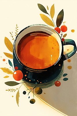 JPG 열매 커피 음료 잎 일러스트 티타임 사람없음 컵 갈색 카페 차 찻잔 컵받침 국내일러스트 AI일러스트 AI콘텐츠 식물 식기 컬러 휴식 잔 상점 받침대 파일형식