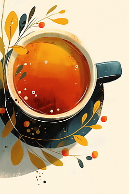 JPG 열매 커피 음료 잎 일러스트 티타임 사람없음 컵 갈색 카페 차 찻잔 국내일러스트 AI일러스트 AI콘텐츠 식물 식기 컬러 휴식 잔 상점 파일형식