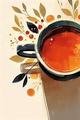 JPG 열매 커피 음료 잎 일러스트 티타임 사람없음 컵 갈색 카페 차 찻잔 국내일러스트 AI일러스트 AI콘텐츠 식물 식기 컬러 휴식 잔 상점 파일형식