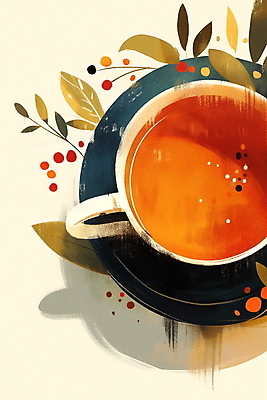 JPG 열매 커피 음료 잎 일러스트 티타임 사람없음 컵 갈색 카페 차 찻잔 컵받침 국내일러스트 AI일러스트 AI콘텐츠 식물 식기 컬러 휴식 잔 상점 받침대 파일형식