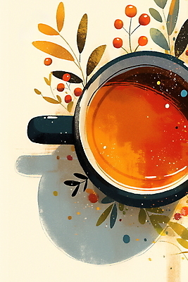 JPG 열매 커피 음료 잎 일러스트 티타임 사람없음 컵 갈색 카페 차 찻잔 국내일러스트 AI일러스트 AI콘텐츠 식물 식기 컬러 휴식 잔 상점 파일형식