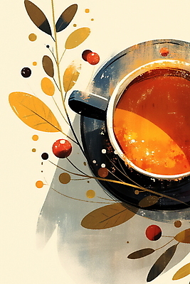 JPG 열매 커피 음료 잎 일러스트 티타임 사람없음 컵 갈색 카페 차 찻잔 컵받침 국내일러스트 AI일러스트 AI콘텐츠 식물 식기 컬러 휴식 잔 상점 받침대 파일형식