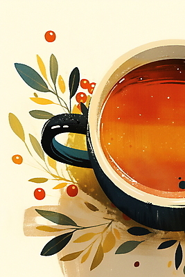 JPG 열매 커피 음료 잎 일러스트 티타임 사람없음 컵 갈색 카페 차 찻잔 국내일러스트 AI일러스트 AI콘텐츠 식물 식기 컬러 휴식 잔 상점 파일형식