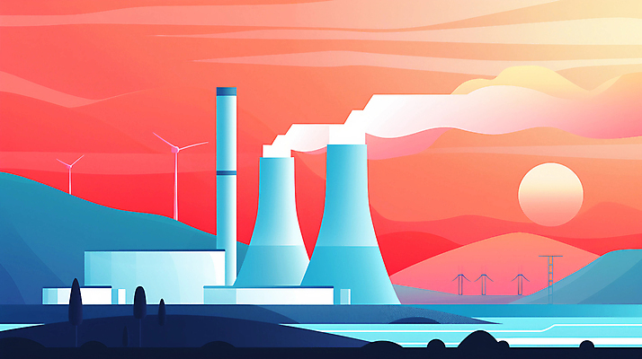 JPG 나무 산업 호수 일러스트 공장 굴뚝 사람없음 태양 환경 주황색 발전소 에너지 환경오염 연기 원자력 산업화 국내일러스트 AI일러스트 AI콘텐츠 자연요소 식물 컬러 컨셉 공업 파일형식