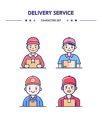 모자 남자 유니폼 일러스트 직업캐릭터 웃음 여러명 성인 세트 컬러풀 운송업 택배기사 배송 택배상자 성인남자만 일러캐릭터 AI파일 직업 캐릭터 잡화 옷 산업 컬러 다수 표정 사람 상자 배달원 택배 남자만 성인만 파일형식 벡터