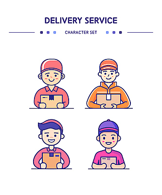 모자 남자 유니폼 일러스트 직업캐릭터 웃음 여러명 성인 세트 컬러풀 운송업 택배기사 배송 택배상자 성인남자만 일러캐릭터 AI파일 직업 캐릭터 잡화 옷 산업 컬러 다수 표정 사람 상자 배달원 택배 남자만 성인만 파일형식 벡터