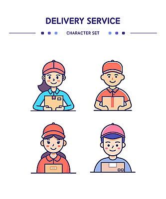 모자 여자 남자 유니폼 일러스트 직업캐릭터 웃음 여러명 성인 세트 컬러풀 운송업 택배기사 배송 택배상자 성인만 일러캐릭터 AI파일 직업 캐릭터 잡화 옷 산업 컬러 다수 표정 사람 상자 배달원 택배 파일형식 벡터