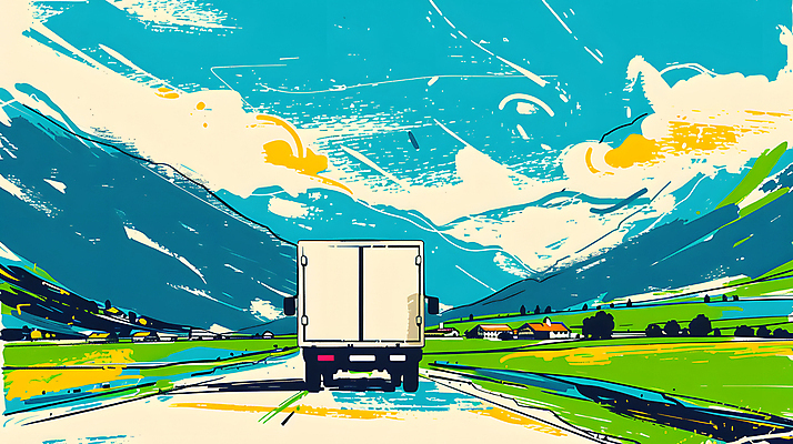 JPG 구름 도로 이동 일러스트 하늘 산 풍경 사람없음 트럭 운송업 배송 국내일러스트 AI일러스트 AI콘텐츠 자연요소 산업 길 컨셉 교통시설 자동차 파일형식