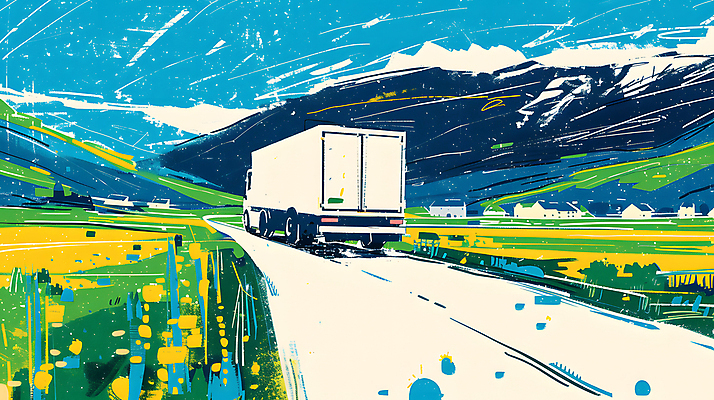 JPG 구름 도로 이동 일러스트 하늘 산 풍경 사람없음 트럭 운송업 배송 국내일러스트 AI일러스트 AI콘텐츠 자연요소 산업 길 컨셉 교통시설 자동차 파일형식