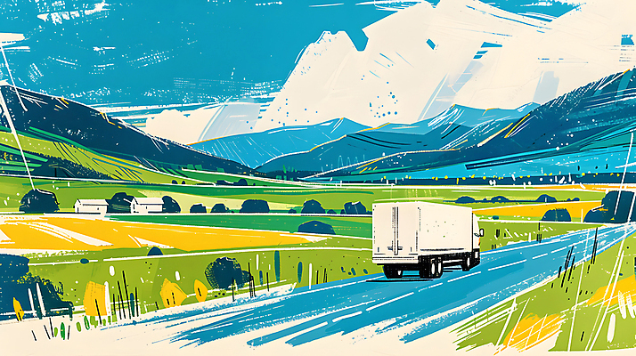 JPG 구름 도로 이동 일러스트 하늘 산 풍경 사람없음 트럭 운송업 배송 국내일러스트 AI일러스트 AI콘텐츠 자연요소 산업 길 컨셉 교통시설 자동차 파일형식