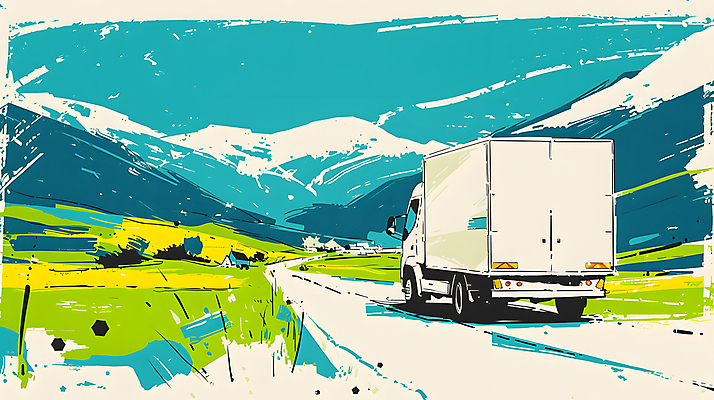 JPG 구름 도로 이동 일러스트 하늘 산 풍경 사람없음 트럭 운송업 배송 국내일러스트 AI일러스트 AI콘텐츠 자연요소 산업 길 컨셉 교통시설 자동차 파일형식