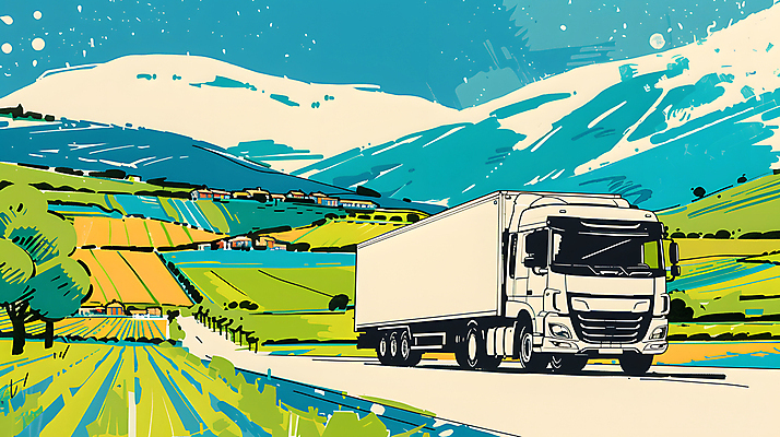 JPG 구름 도로 이동 일러스트 하늘 산 풍경 사람없음 트럭 운송업 배송 국내일러스트 AI일러스트 AI콘텐츠 자연요소 산업 길 컨셉 교통시설 자동차 파일형식