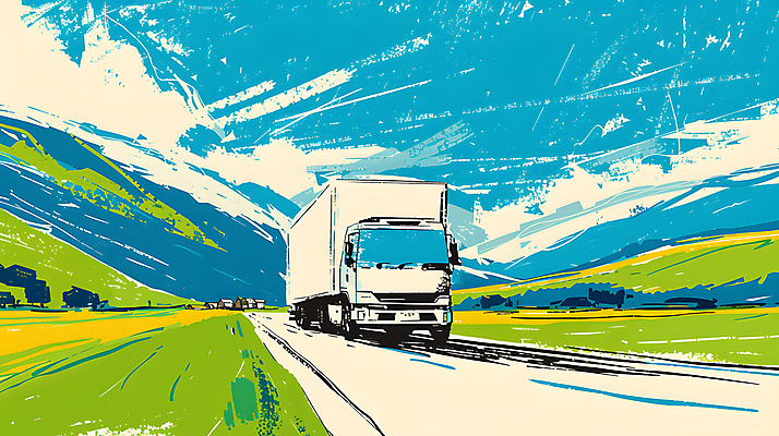 JPG 구름 도로 이동 일러스트 하늘 산 풍경 사람없음 트럭 운송업 배송 국내일러스트 AI일러스트 AI콘텐츠 자연요소 산업 길 컨셉 교통시설 자동차 파일형식