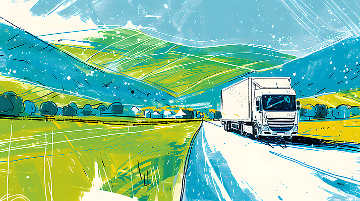 JPG 구름 도로 이동 일러스트 하늘 산 풍경 사람없음 트럭 운송업 배송 국내일러스트 AI일러스트 AI콘텐츠 자연요소 산업 길 컨셉 교통시설 자동차 파일형식