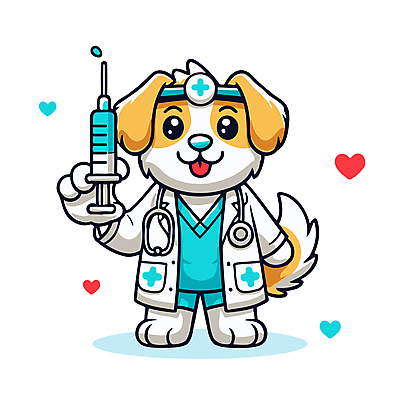 하늘색 일러스트 청진기 직업캐릭터 병원 주사기 웃음 사람없음 약 귀여움 진료 의사가운 강아지 개캐릭터 수의사 일러캐릭터 AI파일 직업 캐릭터 동물캐릭터 컨셉 의학 의료기기 표정 파란색 반려동물 의사 가운 개 파일형식 벡터