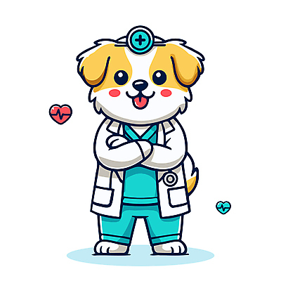 하늘색 일러스트 직업캐릭터 병원 웃음 사람없음 팔짱 귀여움 진료 의사가운 강아지 맥박 개캐릭터 수의사 일러캐릭터 AI파일 직업 캐릭터 동물캐릭터 컨셉 의학 모션 표정 파란색 반려동물 의사 가운 개 파일형식 벡터